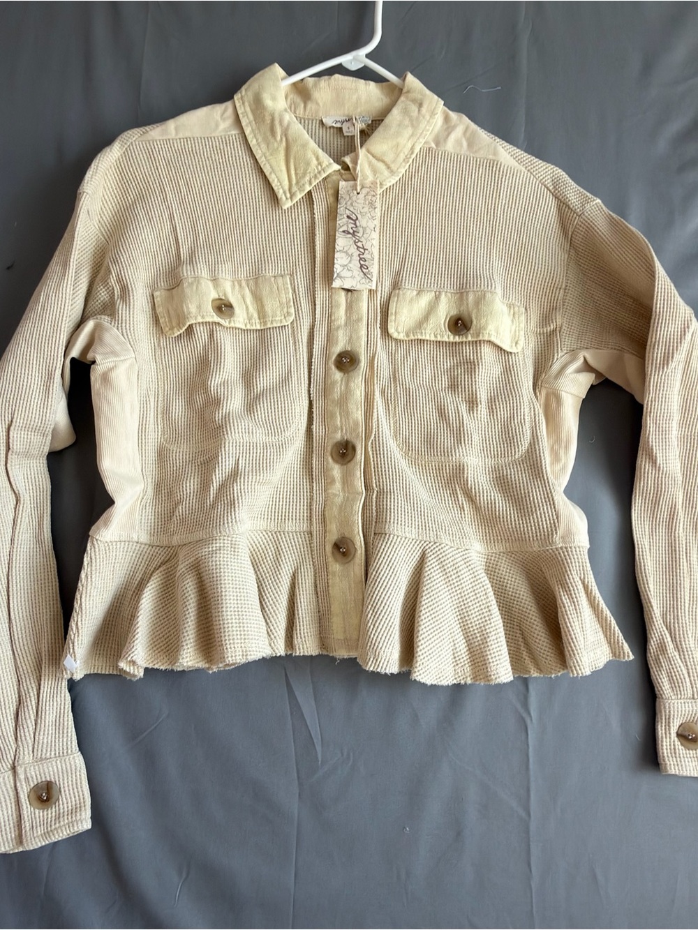 Creamy Yellow Textured Peplum Button-Up Jacket(E0004)